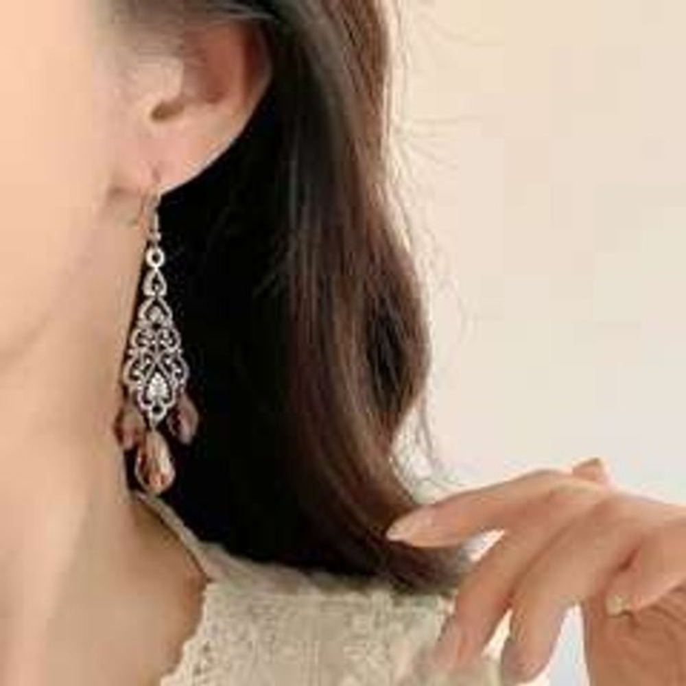 Dangle Earrings Brown Silver Gold Boho Filigree Teardrop Gypsy Victorian